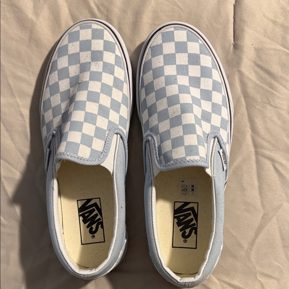 Vans Light Blue and White Checkered Slip-On Sneakers